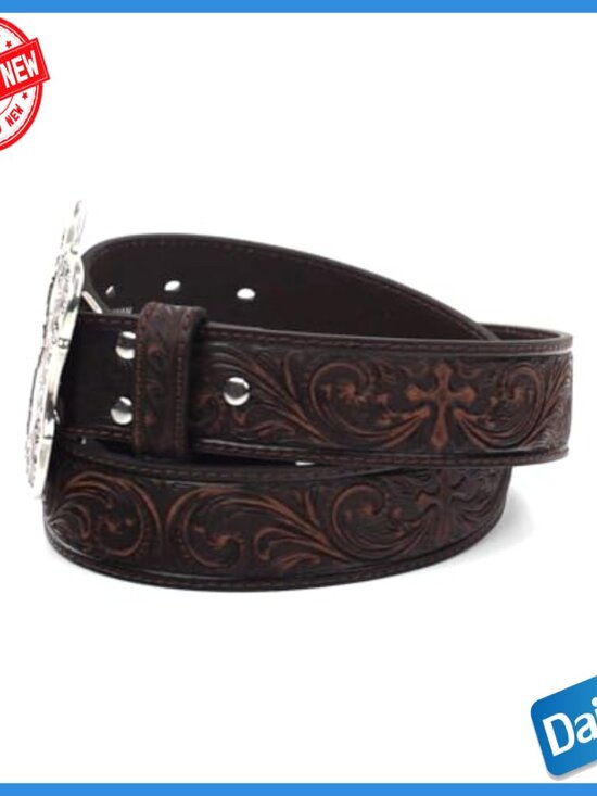 Western Leather Belt with Silver Engraved Buckle, Medium Size main image 5